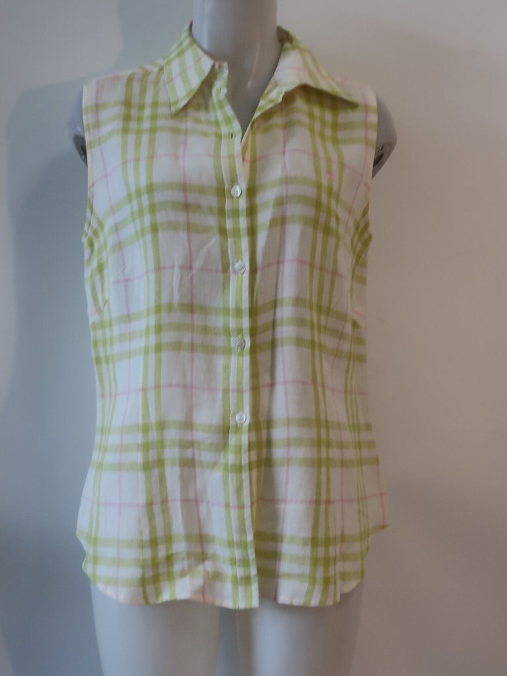 Womens Burberry London Chartreuse White Pink (Item-21) Linen Plaid Top 46 US/12